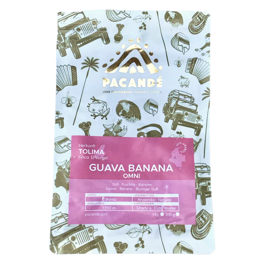 Image of a coffee packaging from the roastery Pacandé for the coffee named Guava Banana