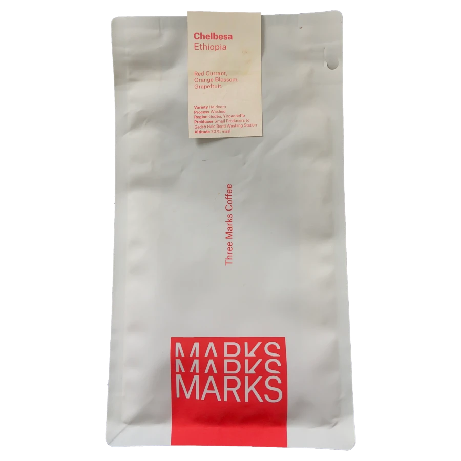 Image of a coffee packaging from the roastery Three Marks Coffee for the coffee named Ethiopia - Chelbesa