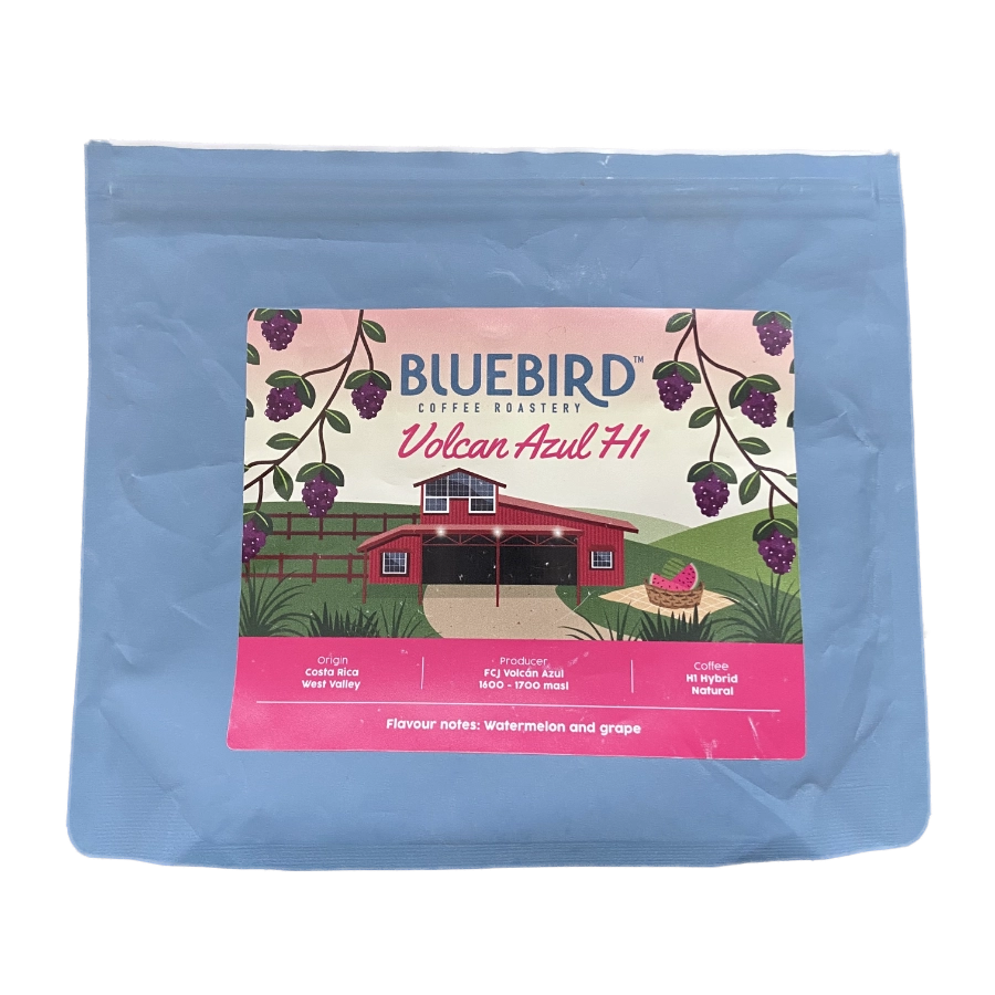 Image of a coffee packaging from the roastery Bluebird Coffee Roastery for the coffee named Volcán Azul H1