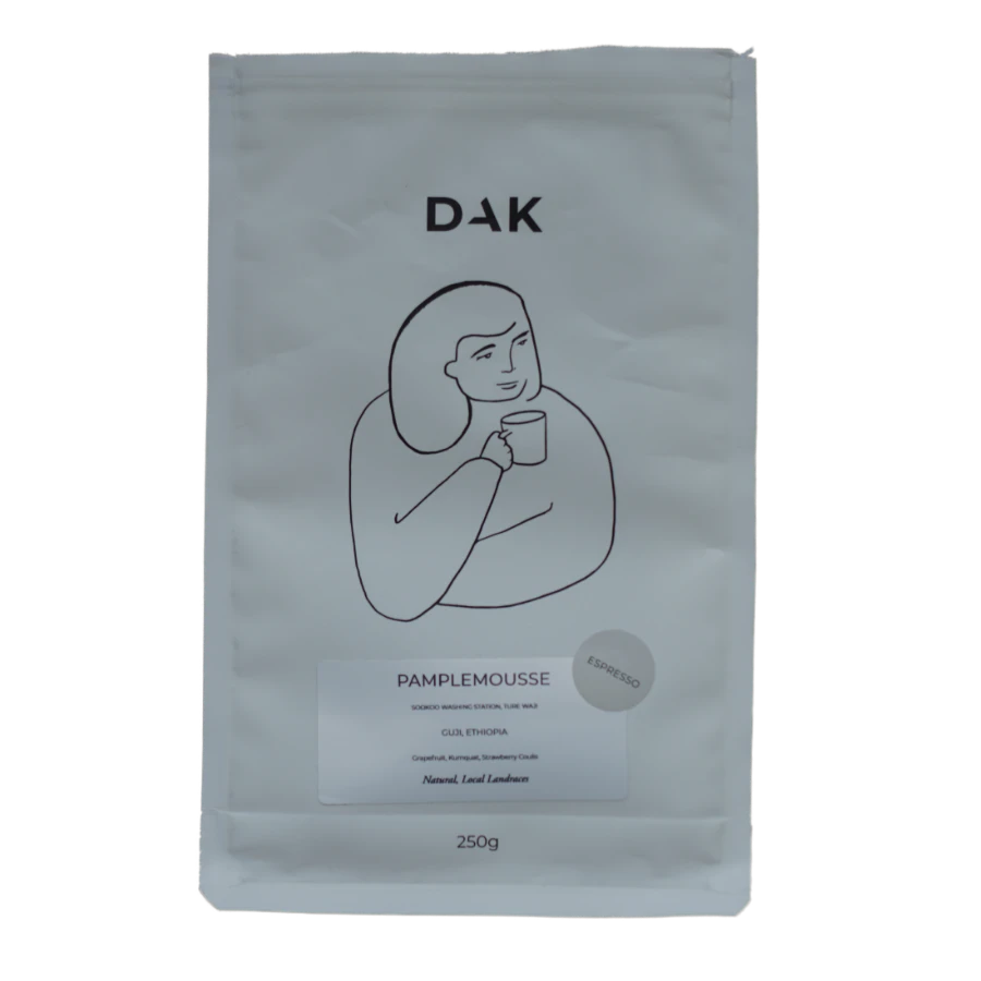 Image of a coffee packaging from the roastery Dak Coffee Roasters for the coffee named Pamplemousse