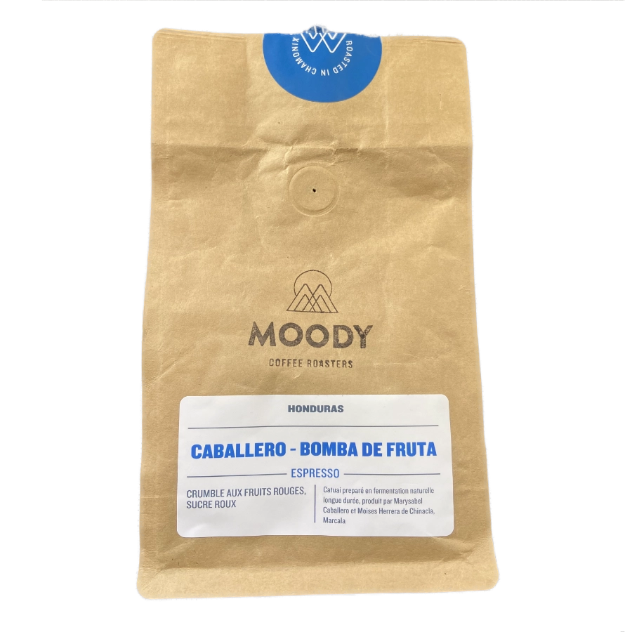 Image of a coffee packaging from the roastery Moody Coffee Roasters for the coffee named Caballero - Bomba de Fruta